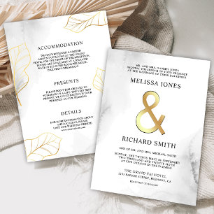 White and Gold Leaves Ampersand All in One Wedding Invitation