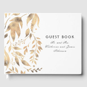 White and Gold Leaves Elegant Fall Wedding Guest Book