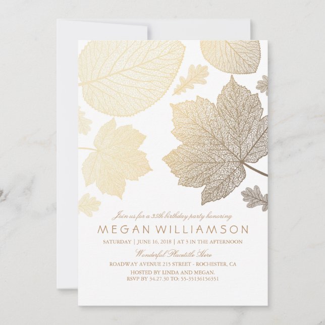 White and Gold Leaves Fall Birthday Party Invitation (Front)