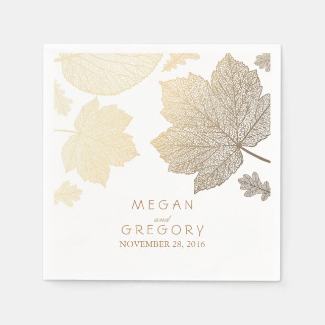 White and Gold Leaves Fall Wedding Napkin (Front)