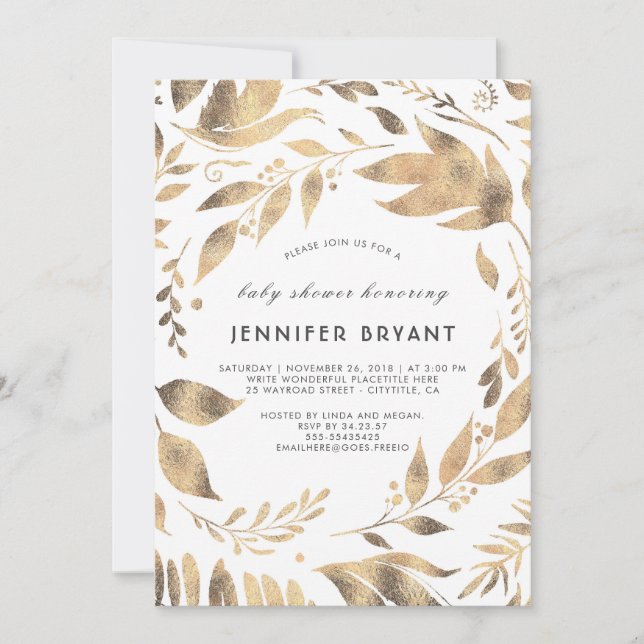 White and Gold Leaves Laurel Fall Baby Shower Invitation (Front)
