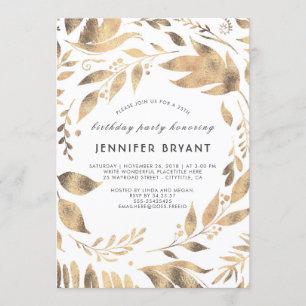White and Gold Leaves Laurel Fall Birthday Party Invitation