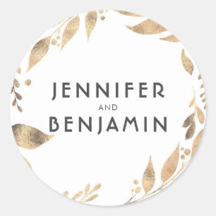 White and Gold Leaves Laurel Wedding Classic Round Sticker