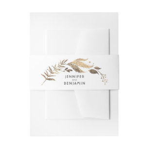White and Gold Leaves Laurel Wedding Invitation Belly Band