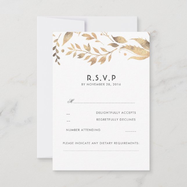 White and Gold Leaves Wedding RSVP (Front)