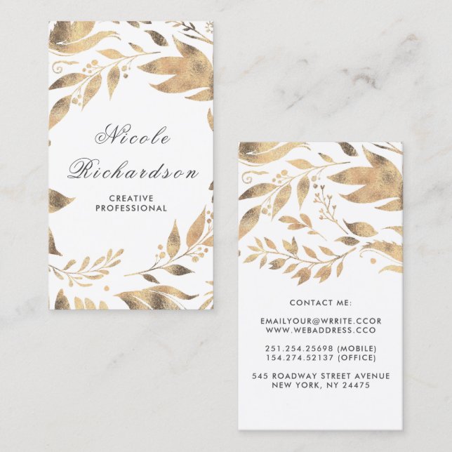 White and Gold Leaves Wreath Modern Chic Business Card (Front/Back)