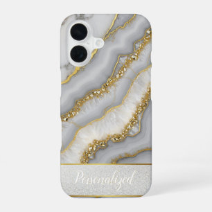 White and Gold Liquid Moonstone Personalised iPhone 16 Case