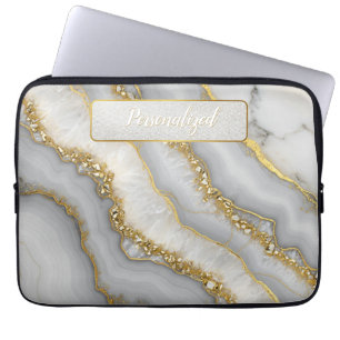 White and Gold Liquid Moonstone Personalised Laptop Sleeve
