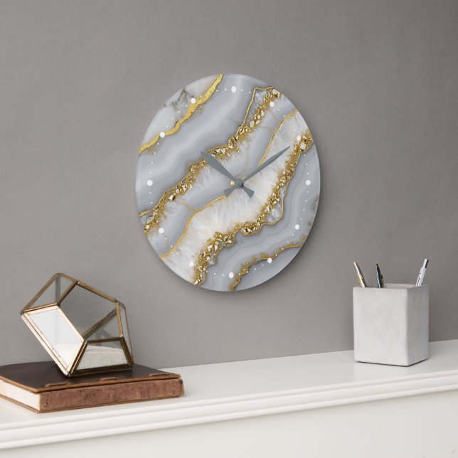 White and Gold Liquid Moonstone Personalised Large Clock (Office)