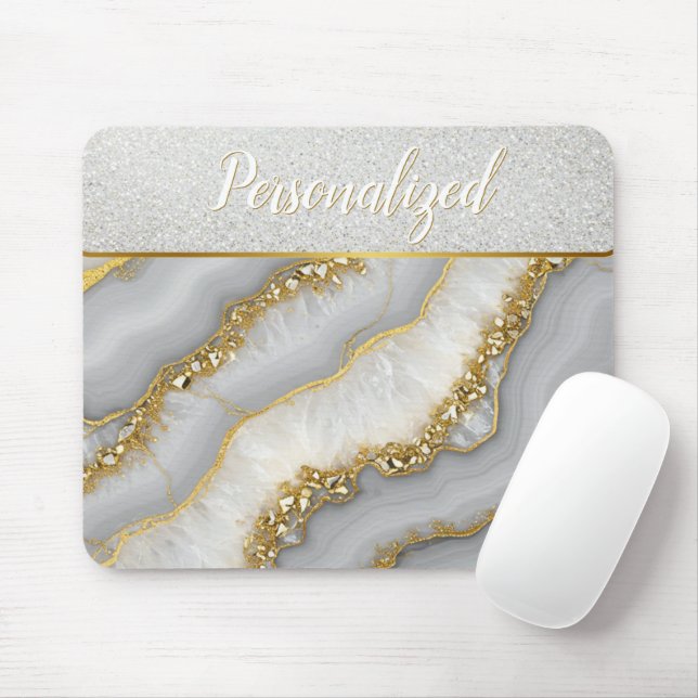 White and Gold Liquid Moonstone Personalised Mouse Mat (With Mouse)