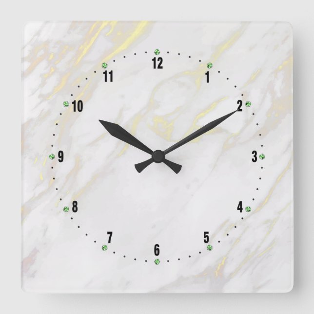White and gold marble background square wall clock (Front)