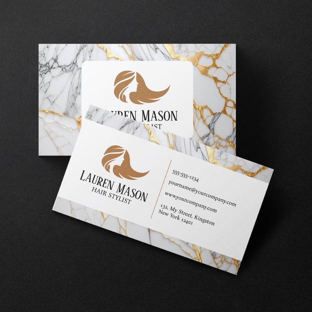 White and Gold Marble Hair Stylist Hair Salon Business Card (Creator Uploaded)