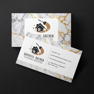 White and Gold Marble House Cleaning Services Maid Business Card