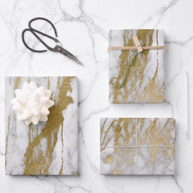 White and Gold Marble Look Wrapping Paper Sheet (Front)