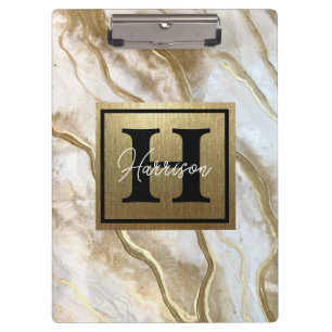 White and Gold Marble Monogram Name Personalised Clipboard
