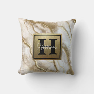 White and Gold Marble Monogram Name Personalised Cushion
