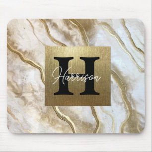 White and Gold Marble Monogram Name Personalised Mouse Mat