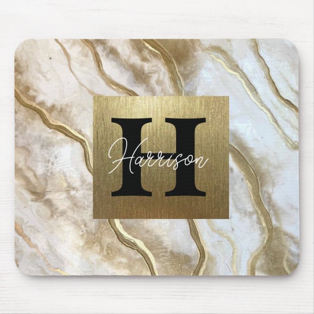 White and Gold Marble Monogram Name Personalised   Mouse Mat (Front)
