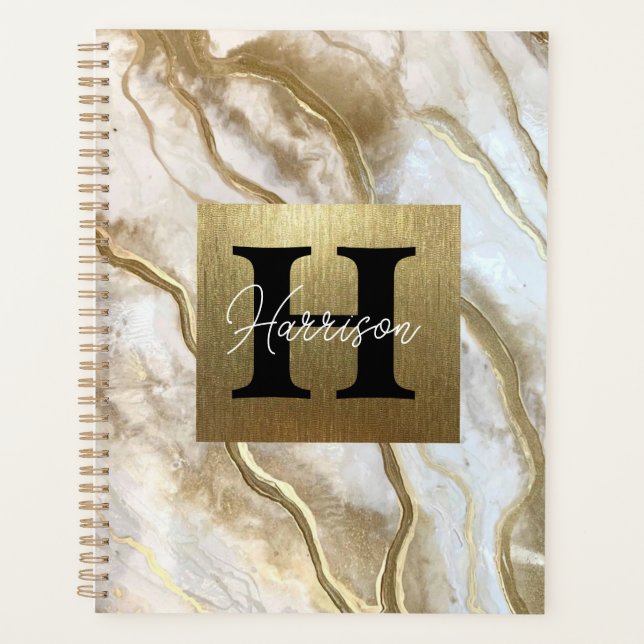 White and Gold Marble Monogram Name Personalised  Planner (Front)