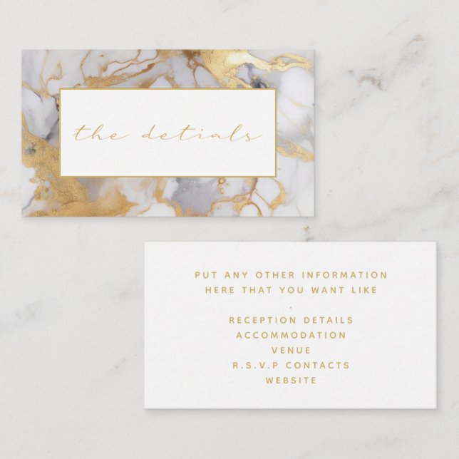 White and gold marble the details wedding enclosure card (Front/Back)