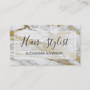 White and Gold Marble Trendy Hair Stylist Business Card