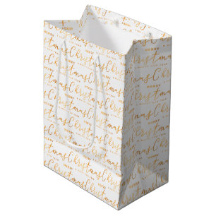 White and Gold Merry Christmas Word Art Medium Gift Bag