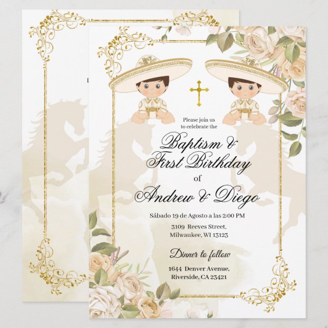White and Gold mexican twin boys invitation (Front/Back)