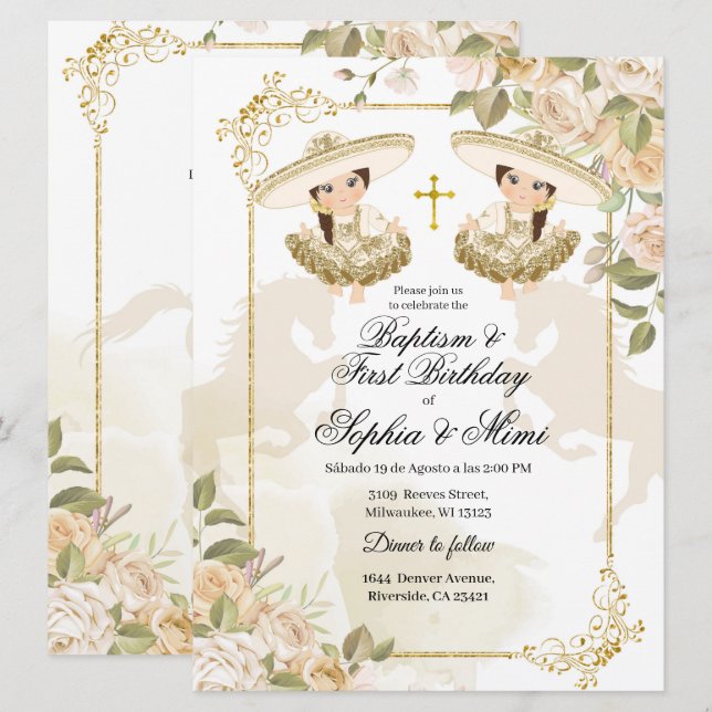 White and Gold Mexican Twin Girl Baptism Invitation (Front/Back)