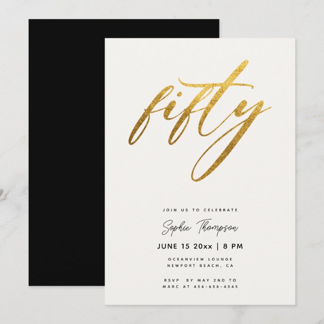 White and Gold Minimalist Elegant 50th Birthday Invitation (Front/Back)