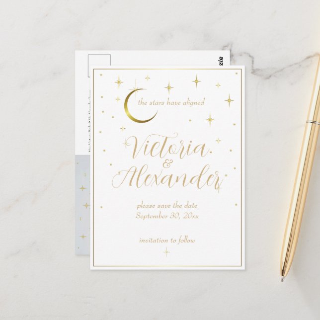 White and Gold Modern Minimal Celestial Save Date Postcard (Front/Back In Situ)