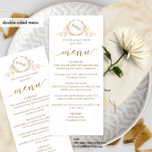 White and Gold Monogram Wedding Double-sided Menu