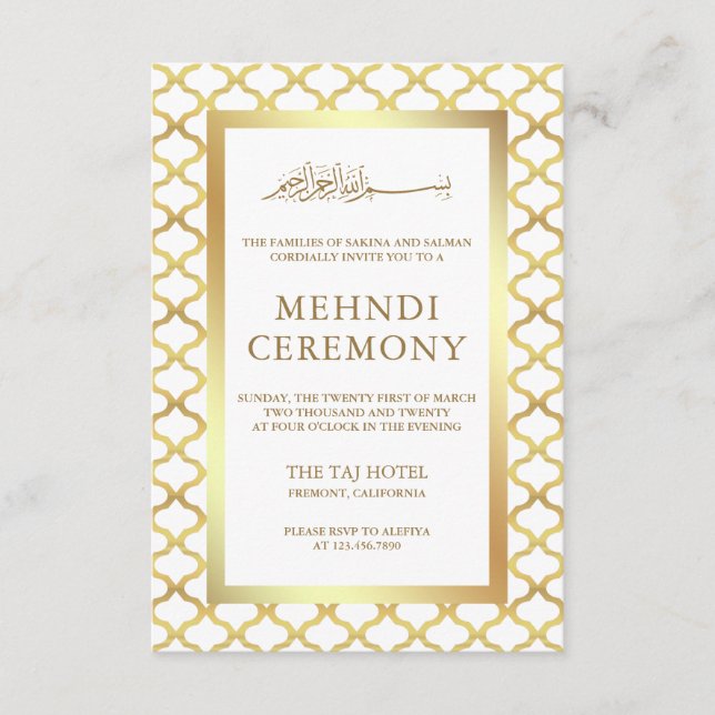 White and Gold Moroccan Quatrefoil Muslim Mehndi Enclosure Card (Front)