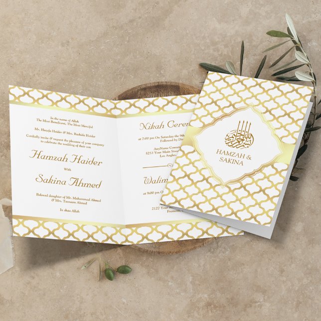 White and Gold Moroccan Quatrefoil Muslim Wedding Invitation (Creator Uploaded)