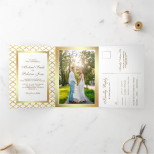 White and Gold Moroccan Quatrefoil Wedding Photo Tri-Fold Invitation