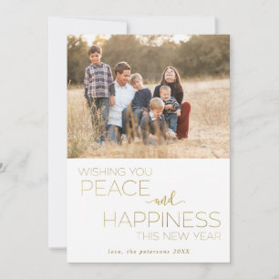White and Gold New Year Peace and Happiness Photo Holiday Card