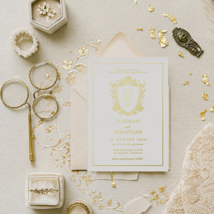White and Gold Old Money Vintage Crest Wedding