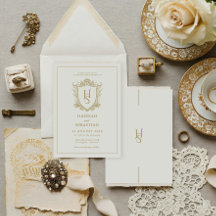 White and Gold Old Money Vintage Crest Wedding