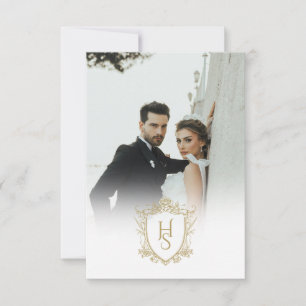 White and Gold Old Money Vintage Crest Wedding Thank You Card