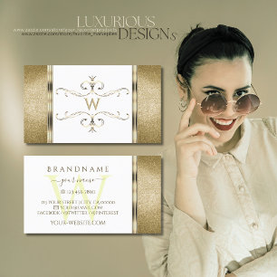 White and Gold Ornaments Golden Glitter Monogram Business Card