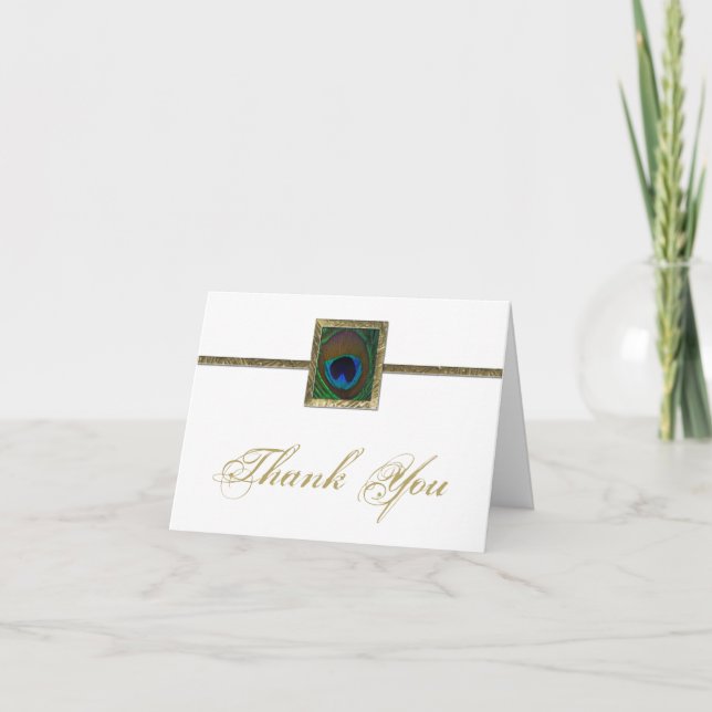 White and Gold Peacock Feather Thank You Card (Front)