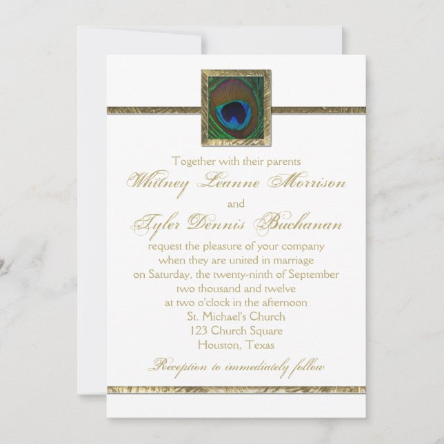White and Gold Peacock Feather Wedding Invitation (Front)