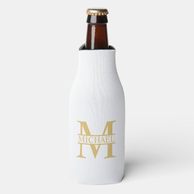 White and Gold Personalised Monogram and Name Bottle Cooler (Bottle Front)