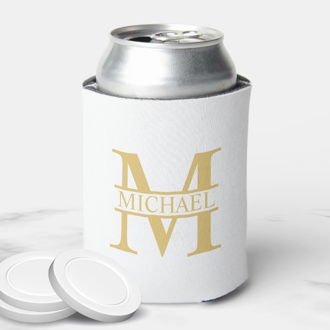 White and Gold Personalised Monogram and Name Can Cooler (Creator Uploaded)