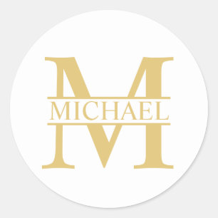 White and Gold Personalised Monogram and Name Classic Round Sticker