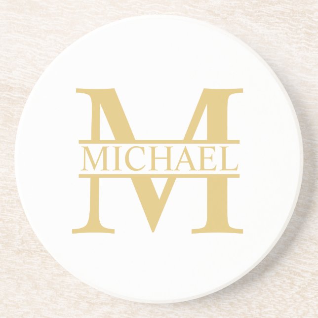 White and Gold Personalised Monogram and Name Coaster (Front)