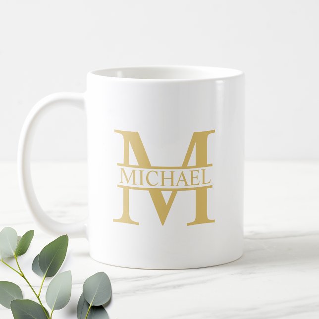 White and Gold Personalised Monogram and Name Coffee Mug (Creator Uploaded)