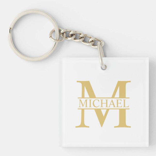 White and Gold Personalised Monogram and Name Key Ring (Front)