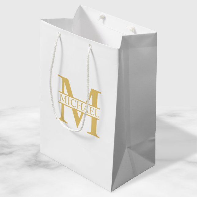 White and Gold Personalised Monogram and Name Medium Gift Bag (Creator Uploaded)