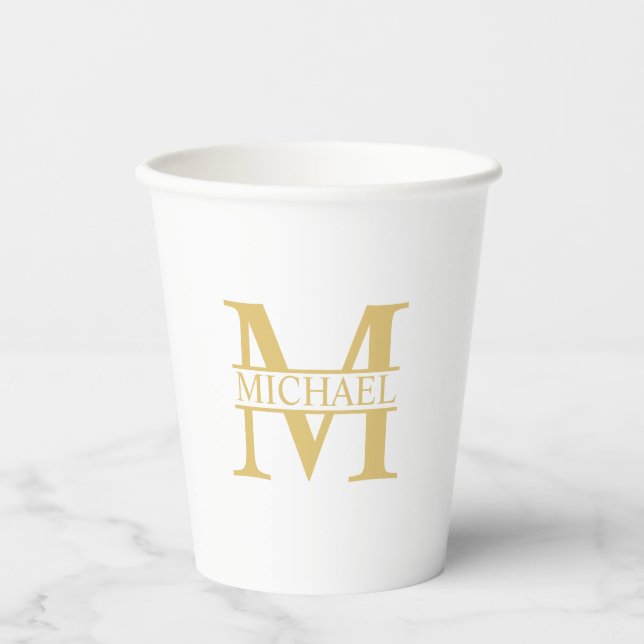 White and Gold Personalised Monogram and Name Paper Cups (Front)
