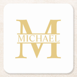 White and Gold Personalised Monogram and Name Square Paper Coaster